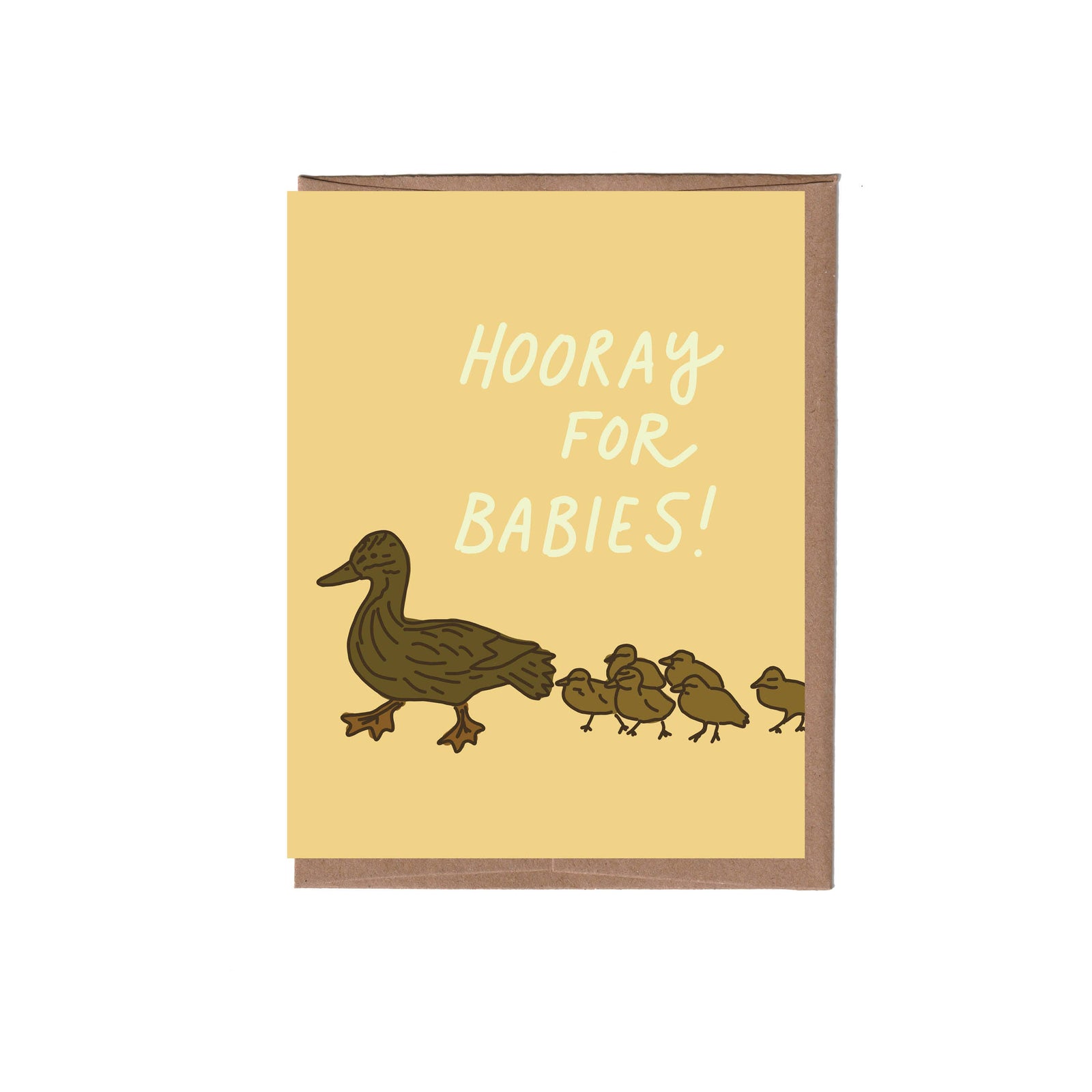 Card with a duck and ducklings illustration and 'Hooray for Babies!' text on a yellow background