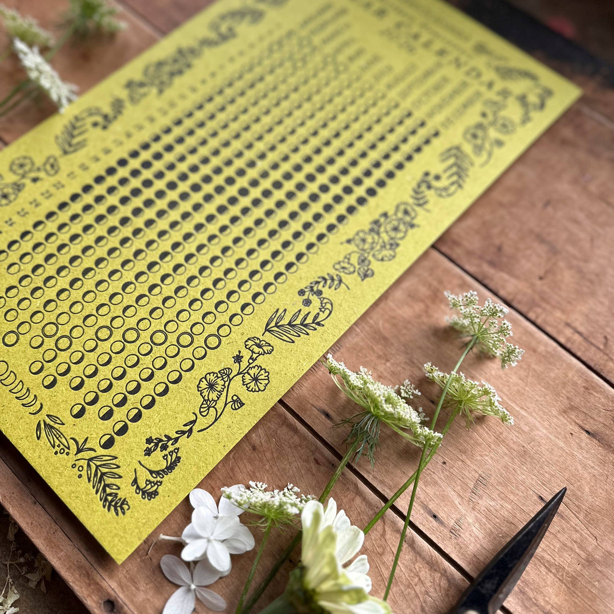 Yellow decorative mat with black patterns on a wooden surface with flowers and scissors.
