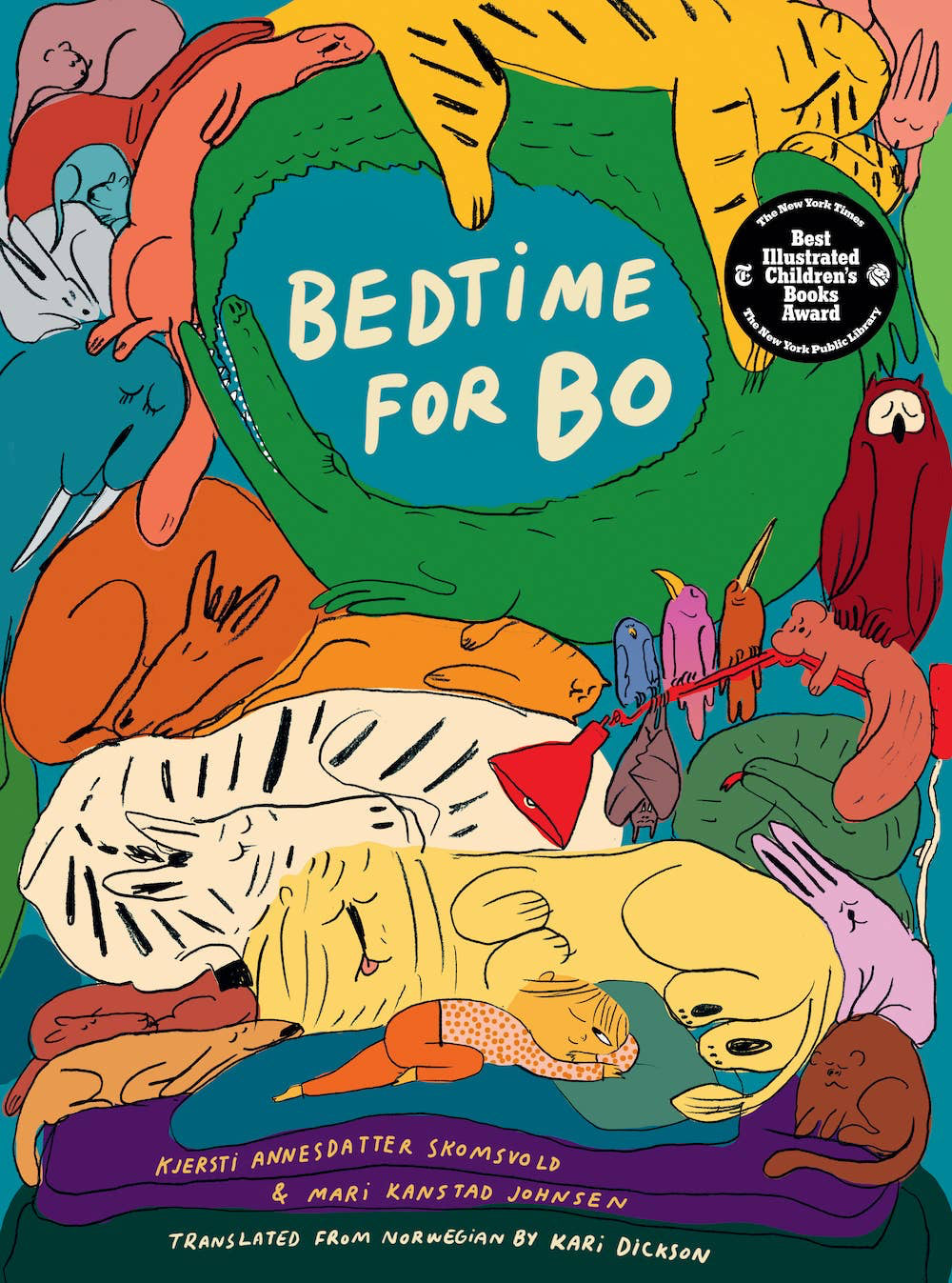 Book cover of 'Bedtime for Bo' with colorful animals around a central character.