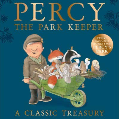 Book cover of 'Percy the Park Keeper' with a cartoon character and animals on a blue background.