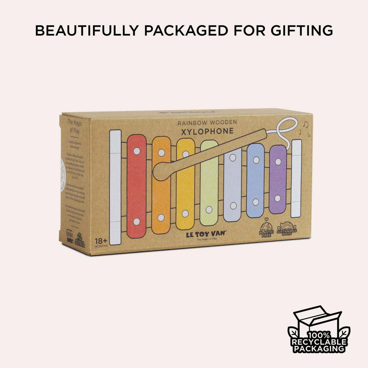 Box of a rainbow wooden xylophone with recyclable packaging label