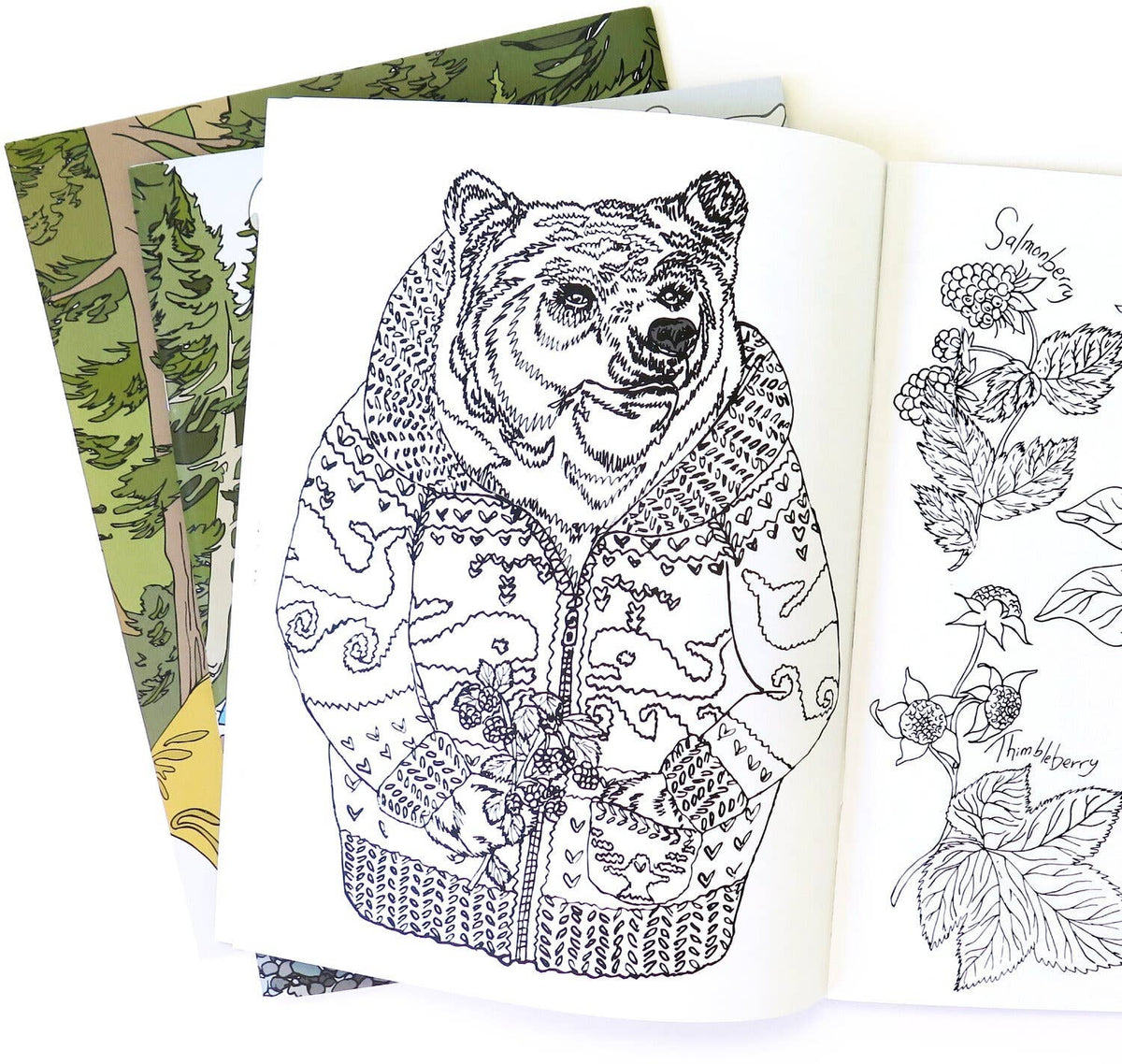 Coloring book with a bear illustration and nature-themed pages.