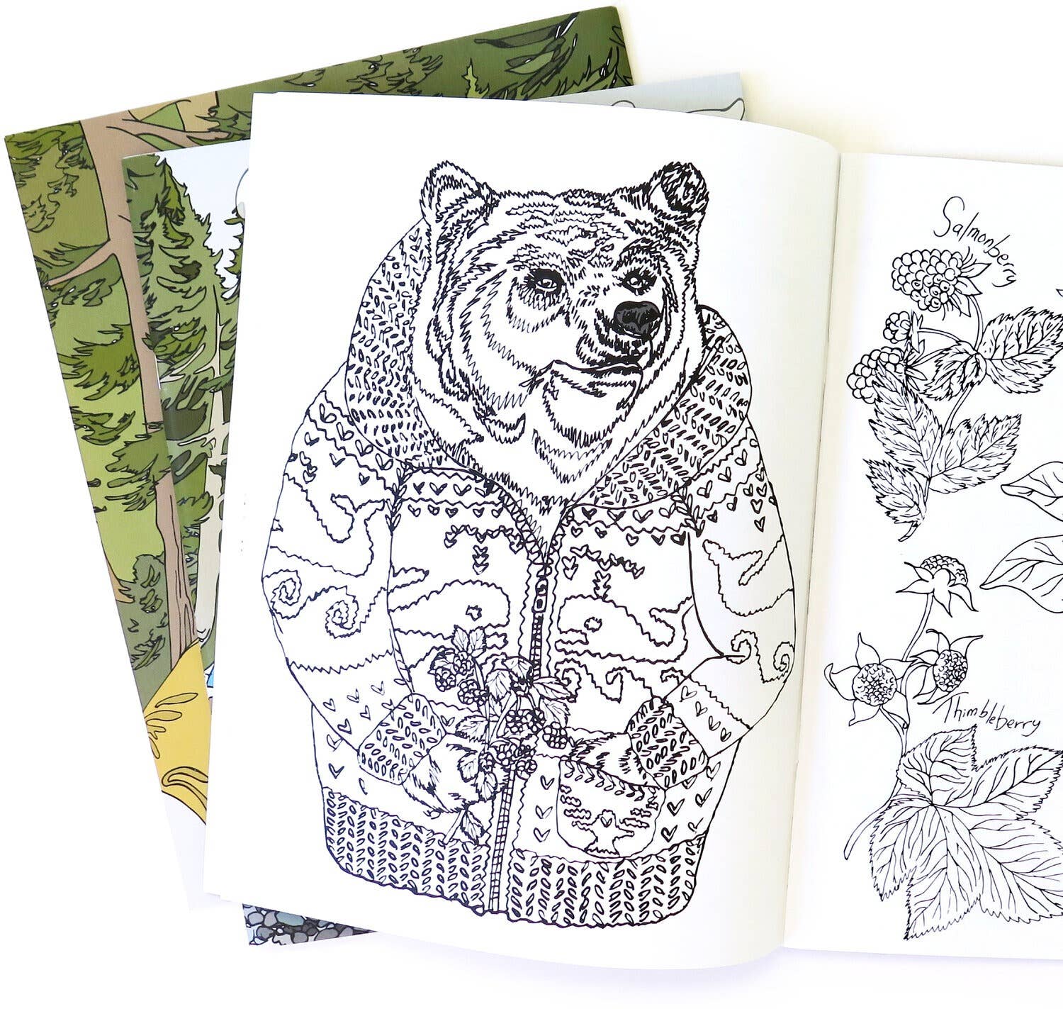 Two coloring book pages showing a forest scene and a beach with tents.