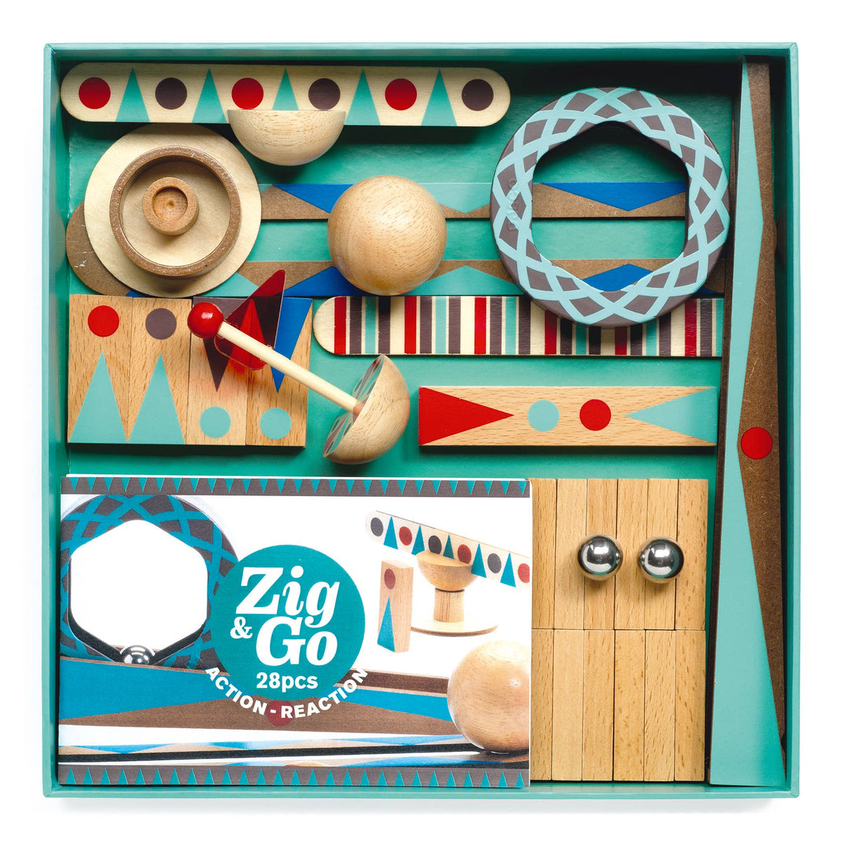 Wooden toy set with colorful packaging featuring the brand 'Zig & Go'.