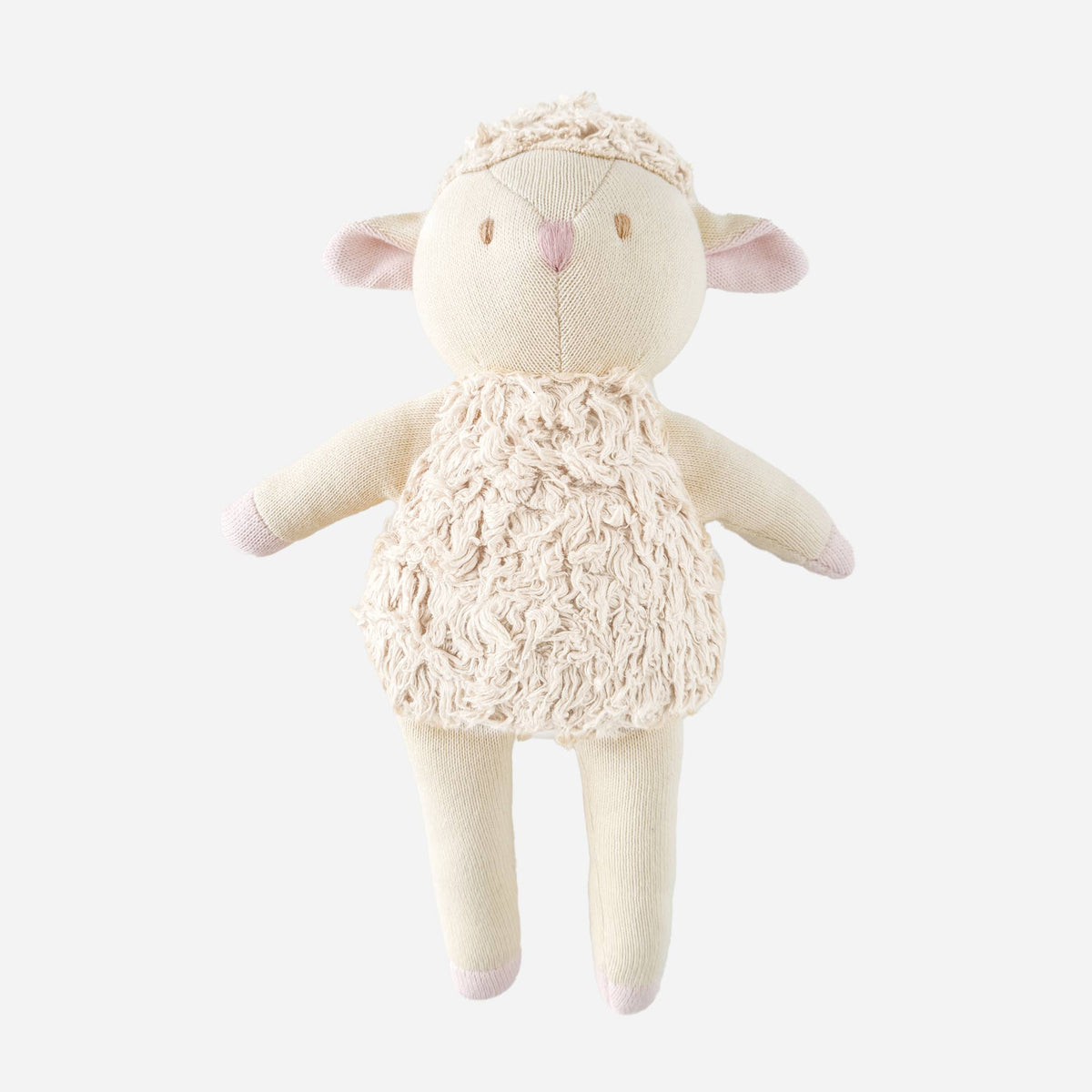 Stuffed toy sheep with a textured body on a white background