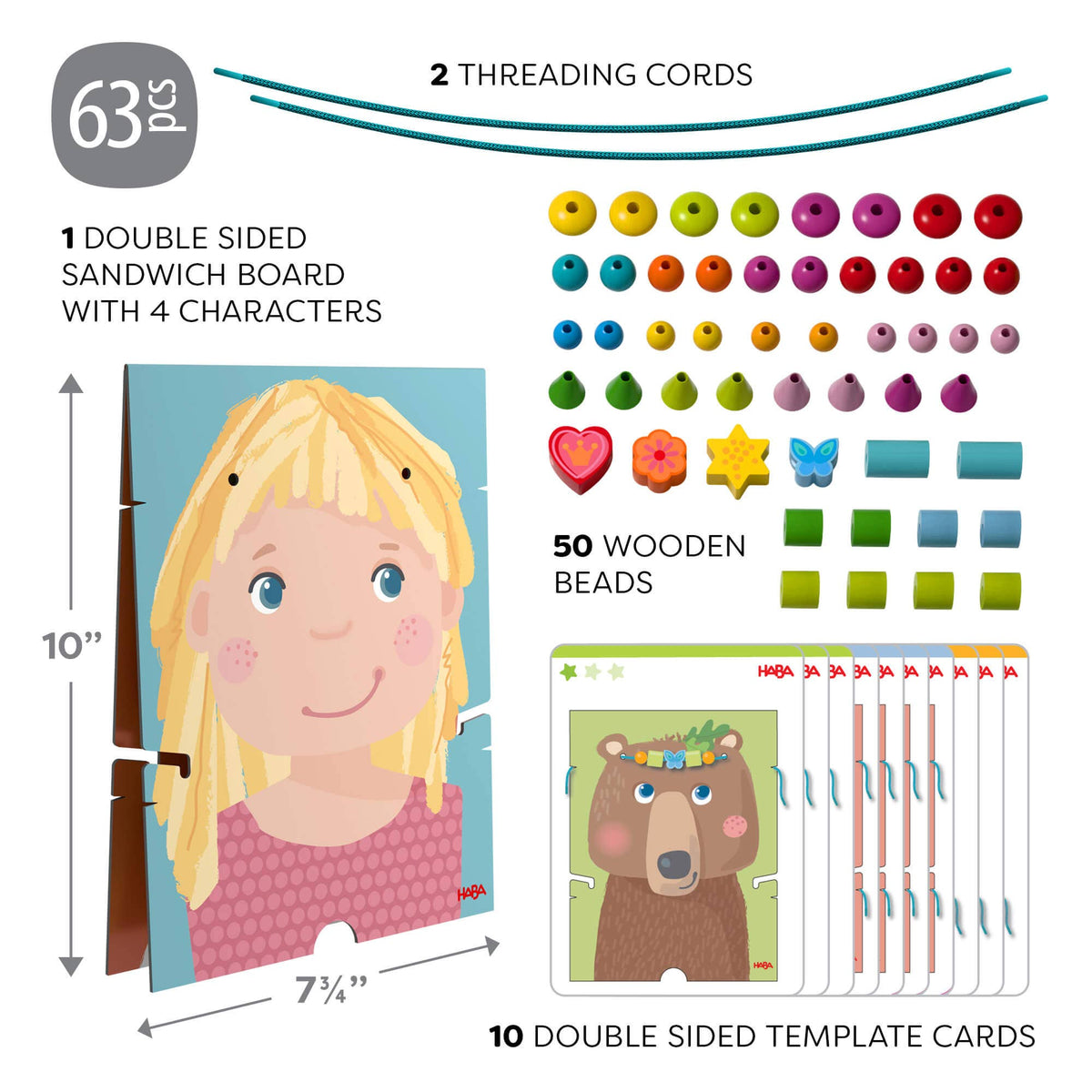 A product infographic for a children's wooden bead board set, showing the assembled board with a blonde girl face template, dimensions, a row of colorful wooden beads, 50 wooden beads, and 10 double-sided template cards.