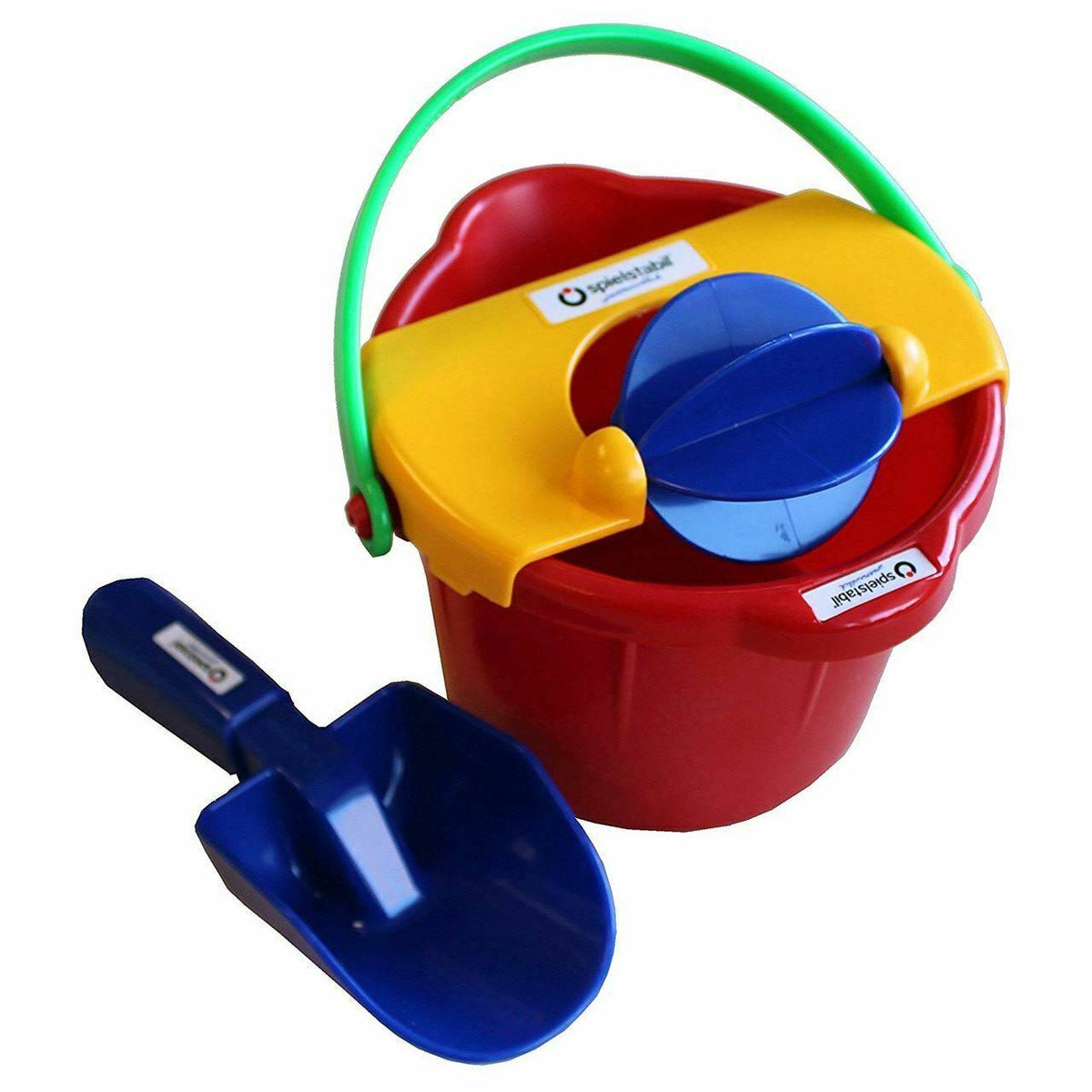 A three-piece sand and water play toy set including a red bucket, a blue scoop, and a yellow mill.