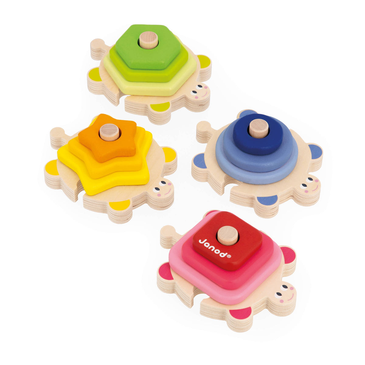 Set of colorful wooden turtle toys with shape-sorting feature on a white background