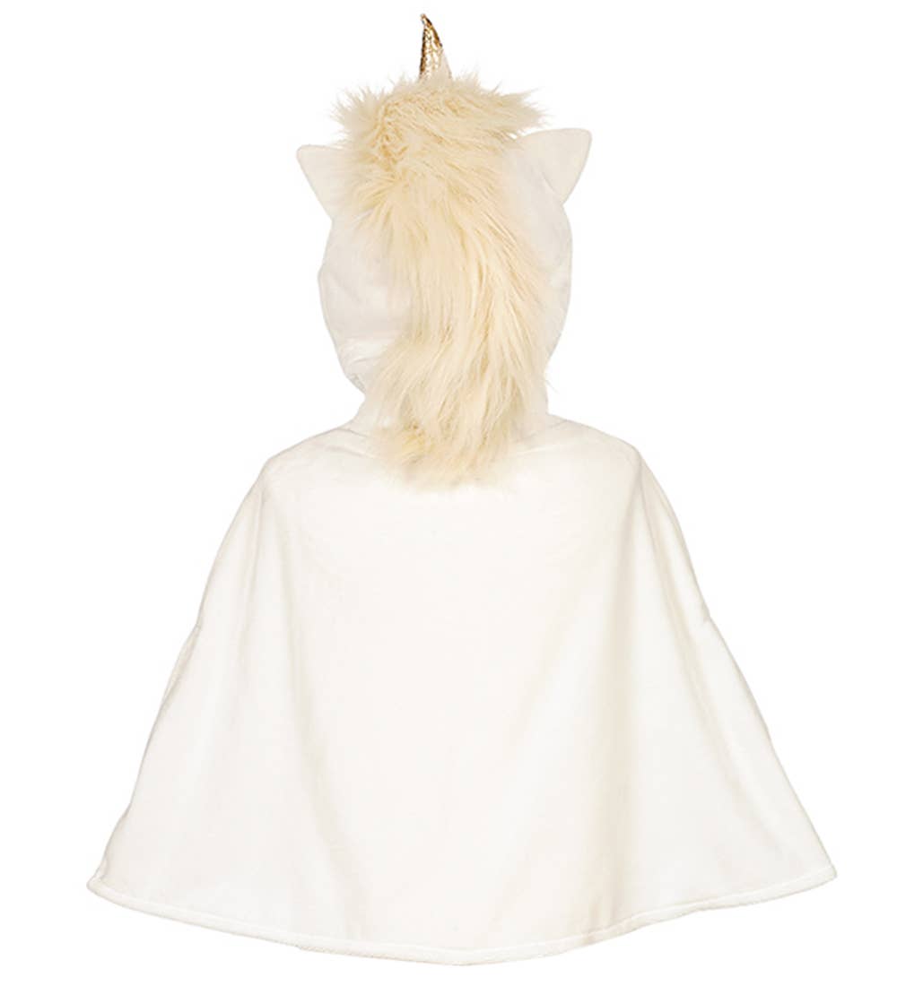 White hooded unicorn cloak with gold stars and heart patterns on a white background
