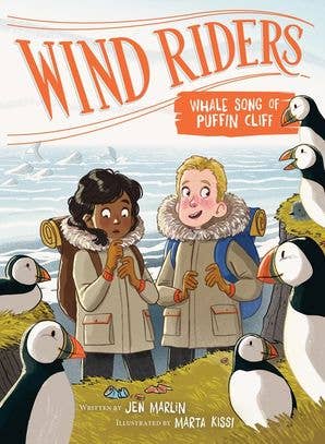 Book cover of 'Wind Riders: Whale Song of Puffin Cliff' with two children and penguins.