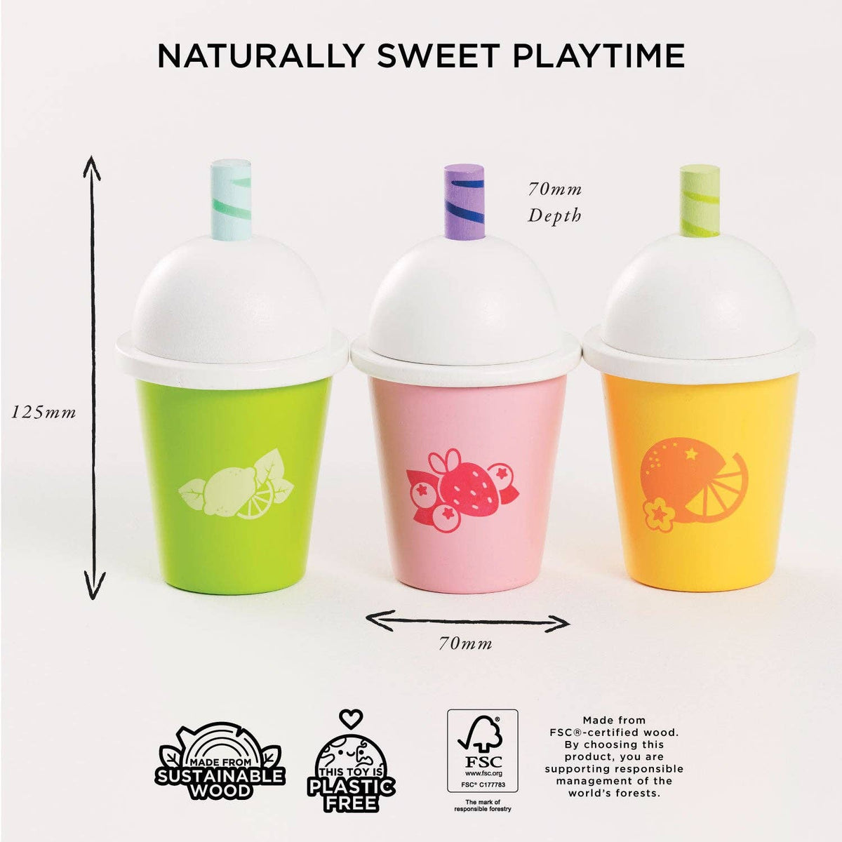 Three colorful cups with lids on a white background, labeled 'Naturally Sweet Playtime'.