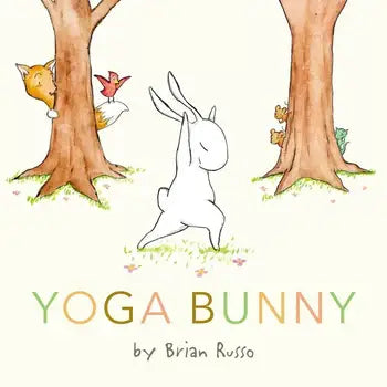 Book cover of 'Yoga Bunny' by Brian Russo with a white rabbit in a yoga pose between two trees.