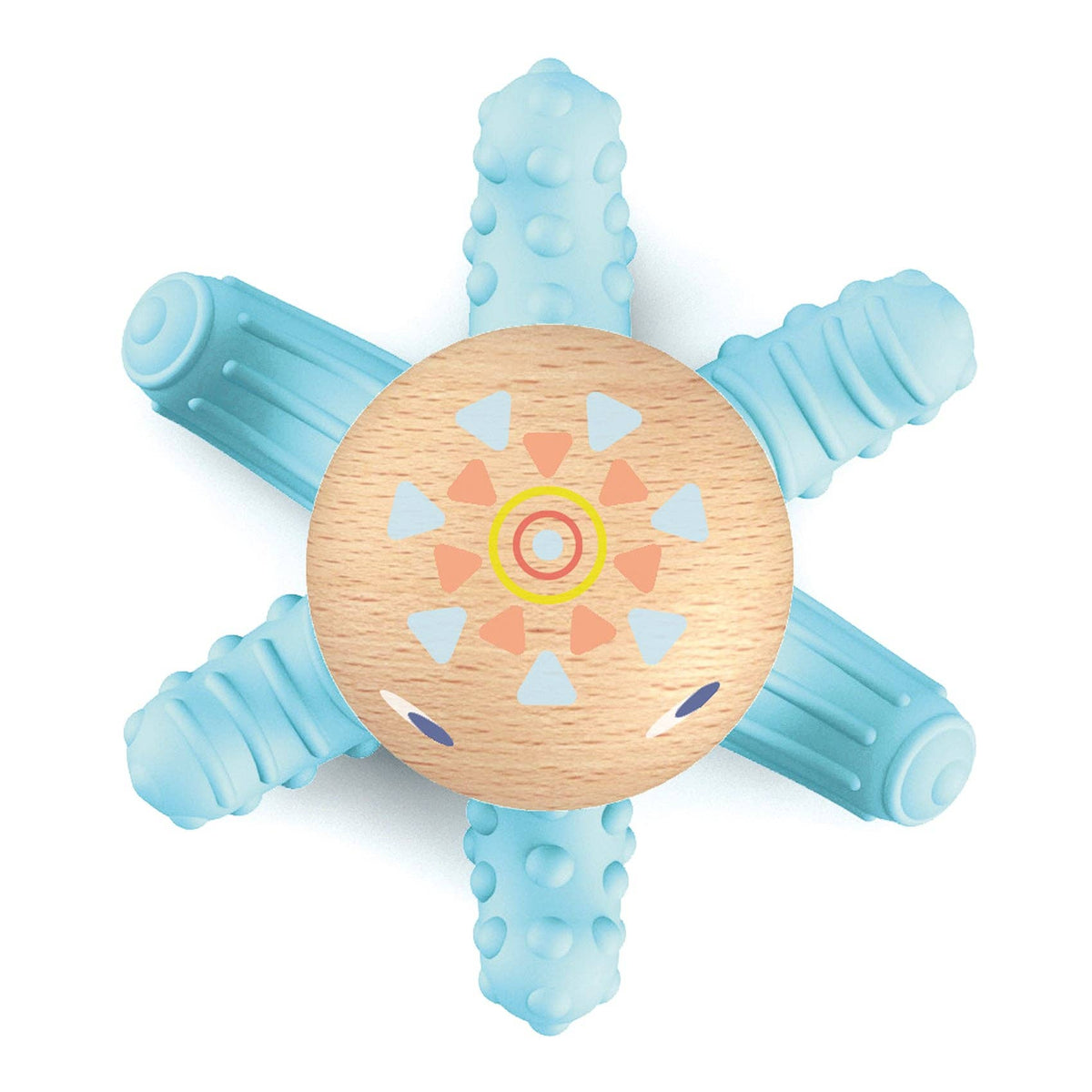 A star-shaped baby teether with five textured light blue silicone arms and a natural wood circular center printed with a colorful mandala design, shown on a solid white background.