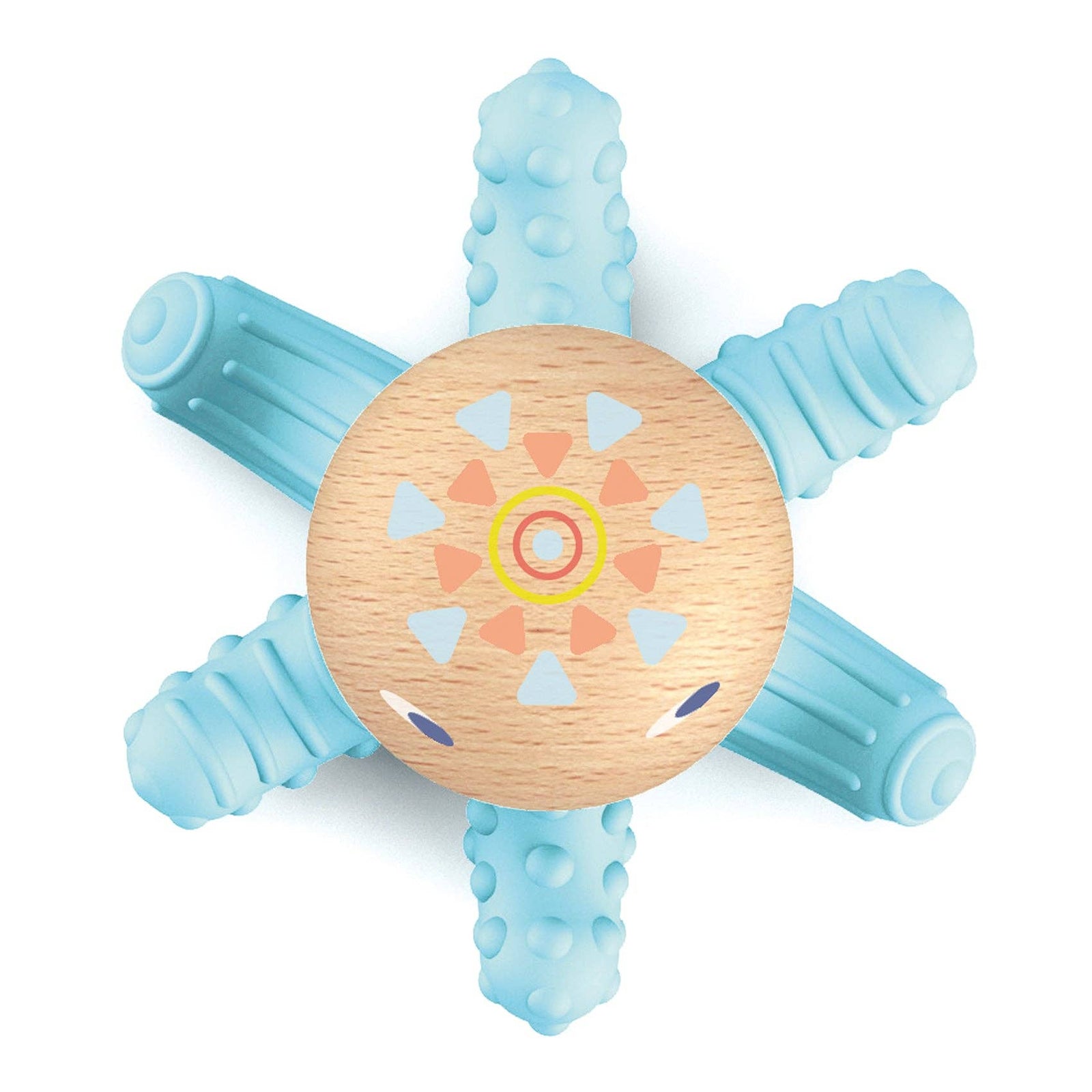 A wooden octopus baby teether toy with a light blue textured rubber body and a natural wood head featuring colorful painted details, shown on a white background.