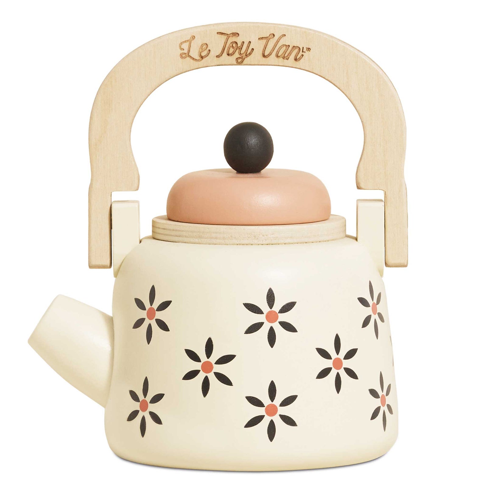 A cream-colored wooden  teapot with black and orange flower patterns, a light wood handle engraved with 'Le Toy Van', and a peach-colored lid with a dark wooden knob, shown on a white background.