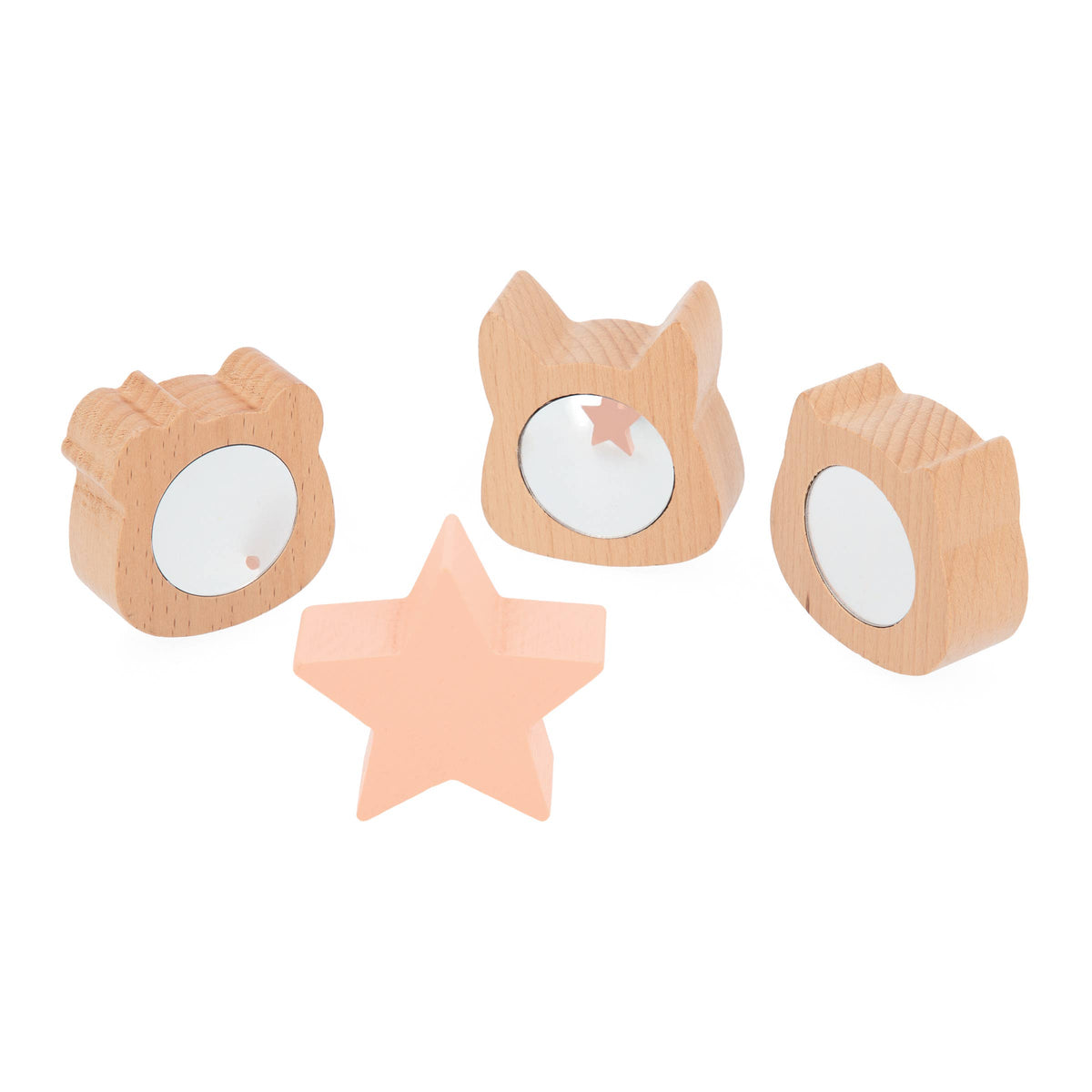Set of wooden toys with animal shapes and star on a white background