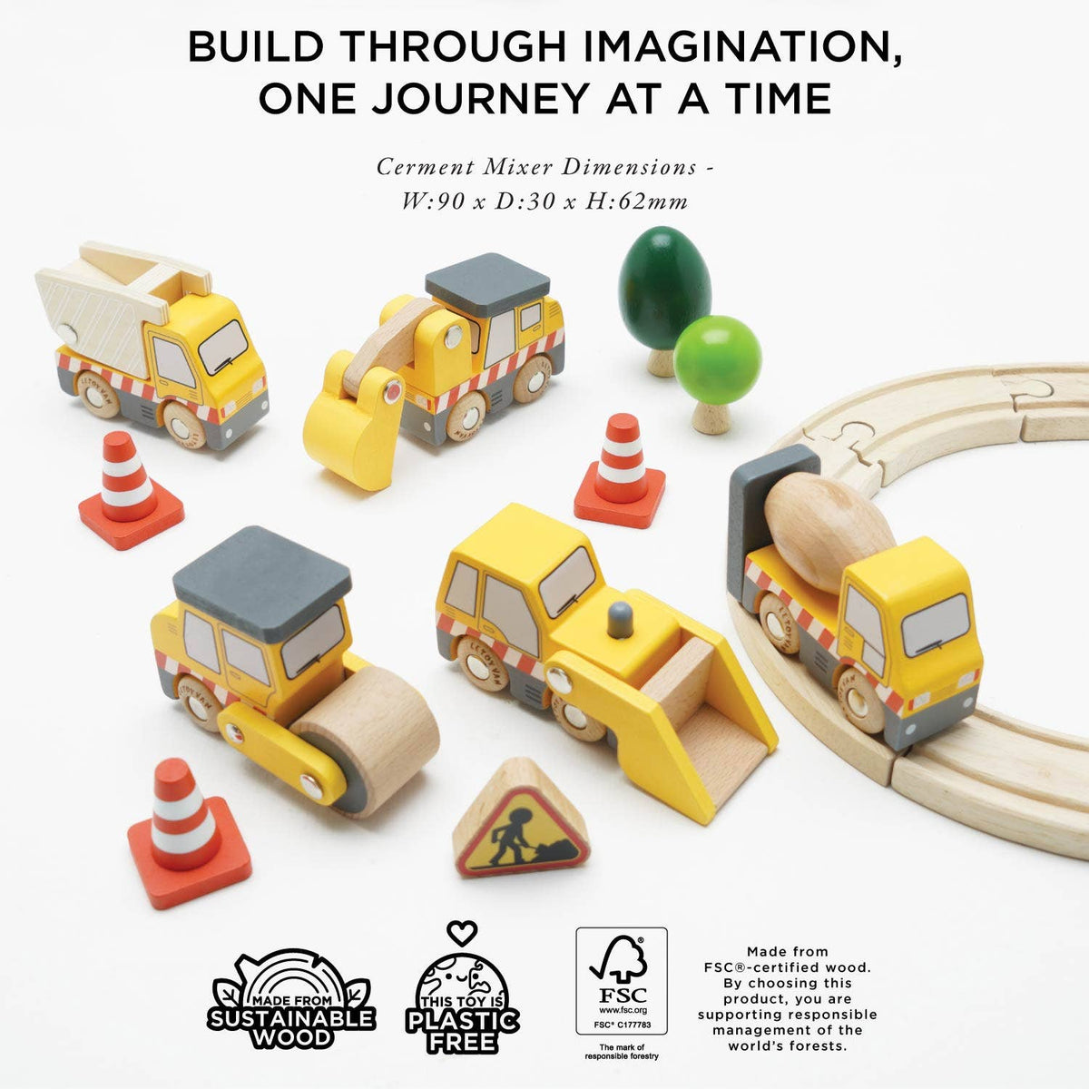 Set of wooden toy construction vehicles and accessories on a white background with text about sustainability and product dimensions.