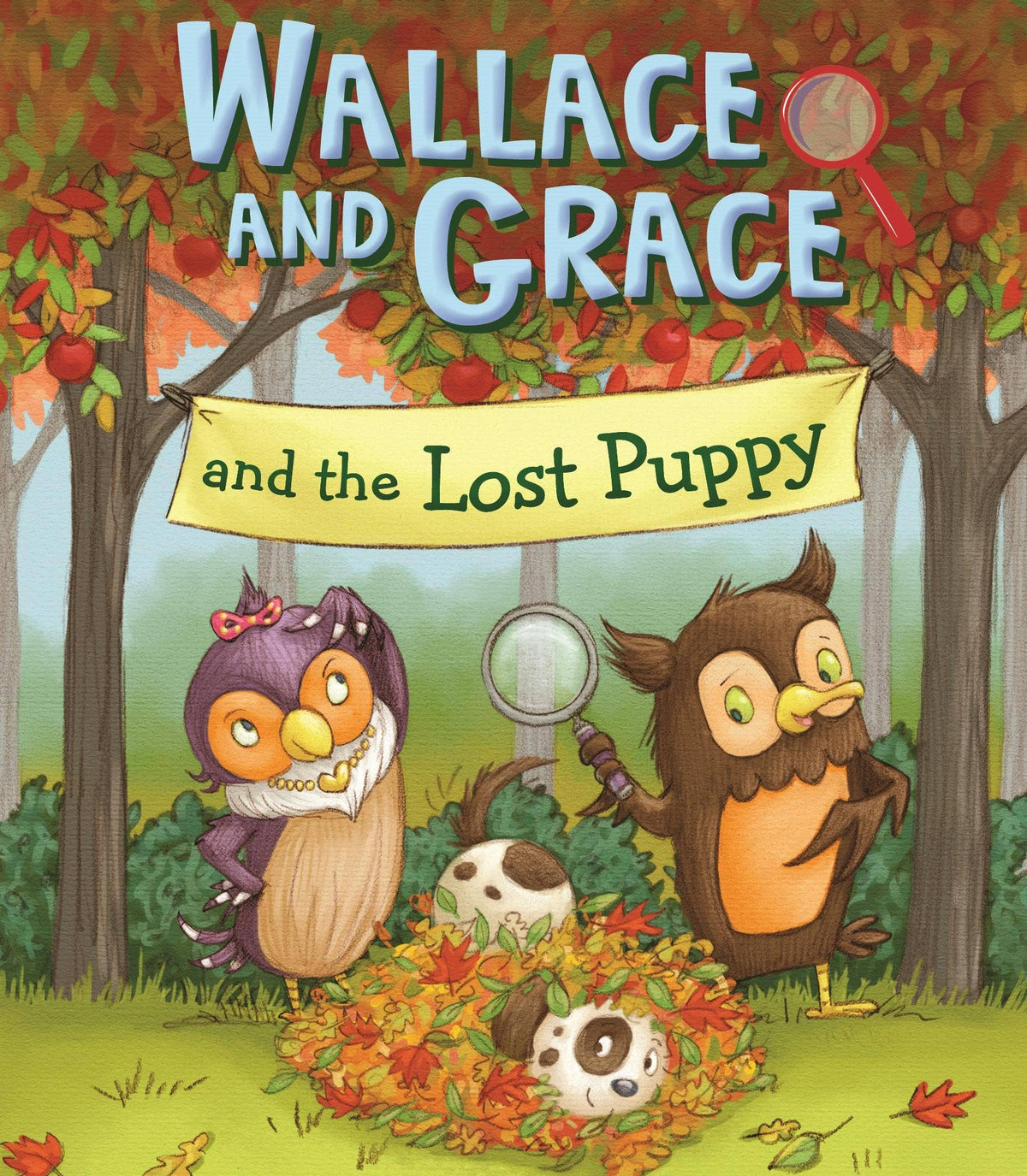 Book cover of 'Wallace and Grace and the Lost Puppy' with two owl characters in a forest setting.