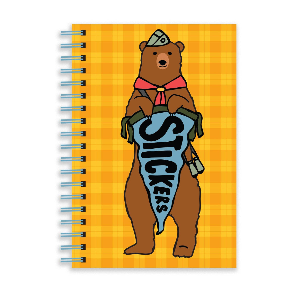 Sticker book with a bear illustration holding a 'Stickers' sign on a yellow plaid background
