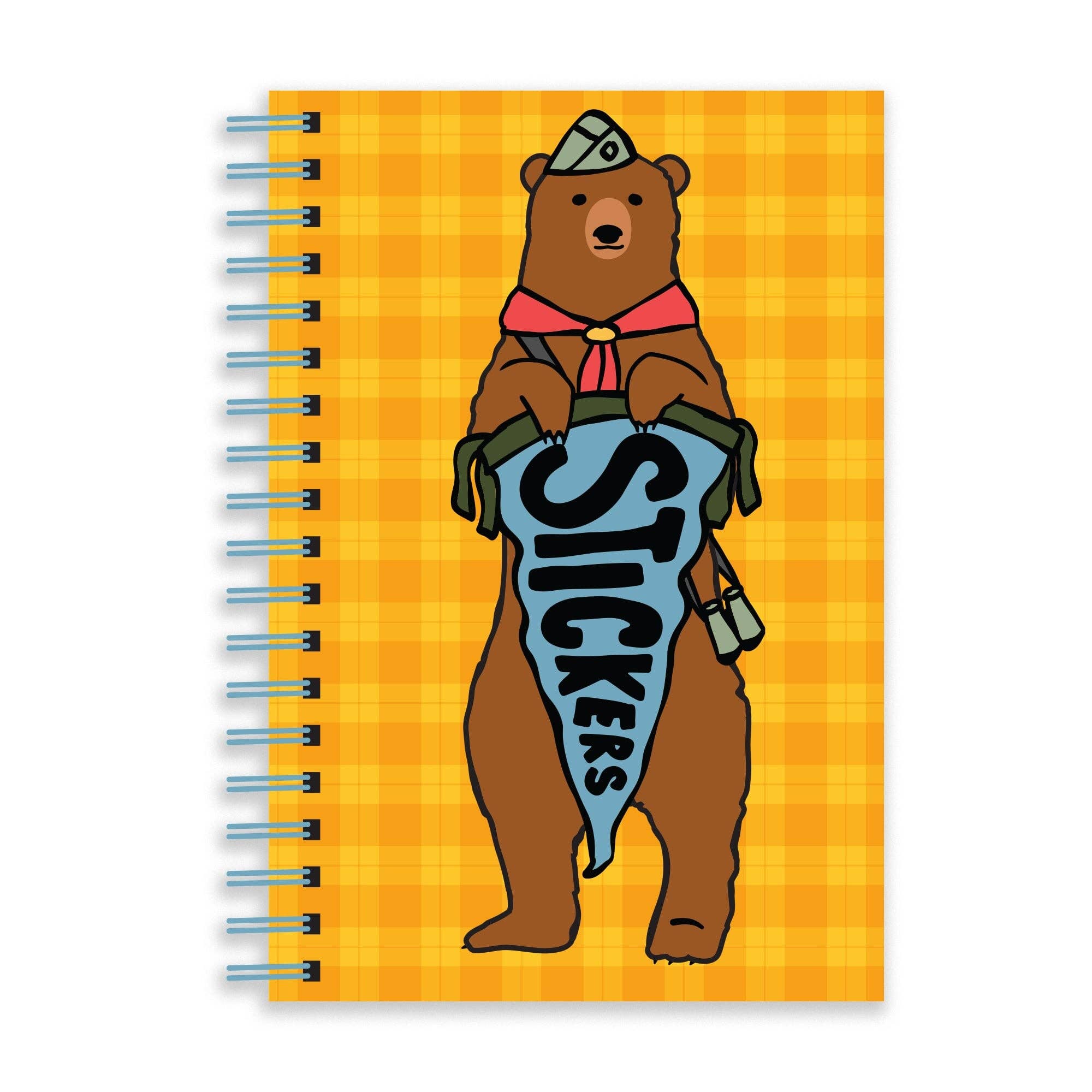 Sticker book with a bear illustration holding a 'Stickers' sign on a yellow plaid background