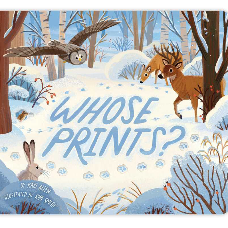 Book cover of 'Whose Prints?' with winter forest scene and animals.