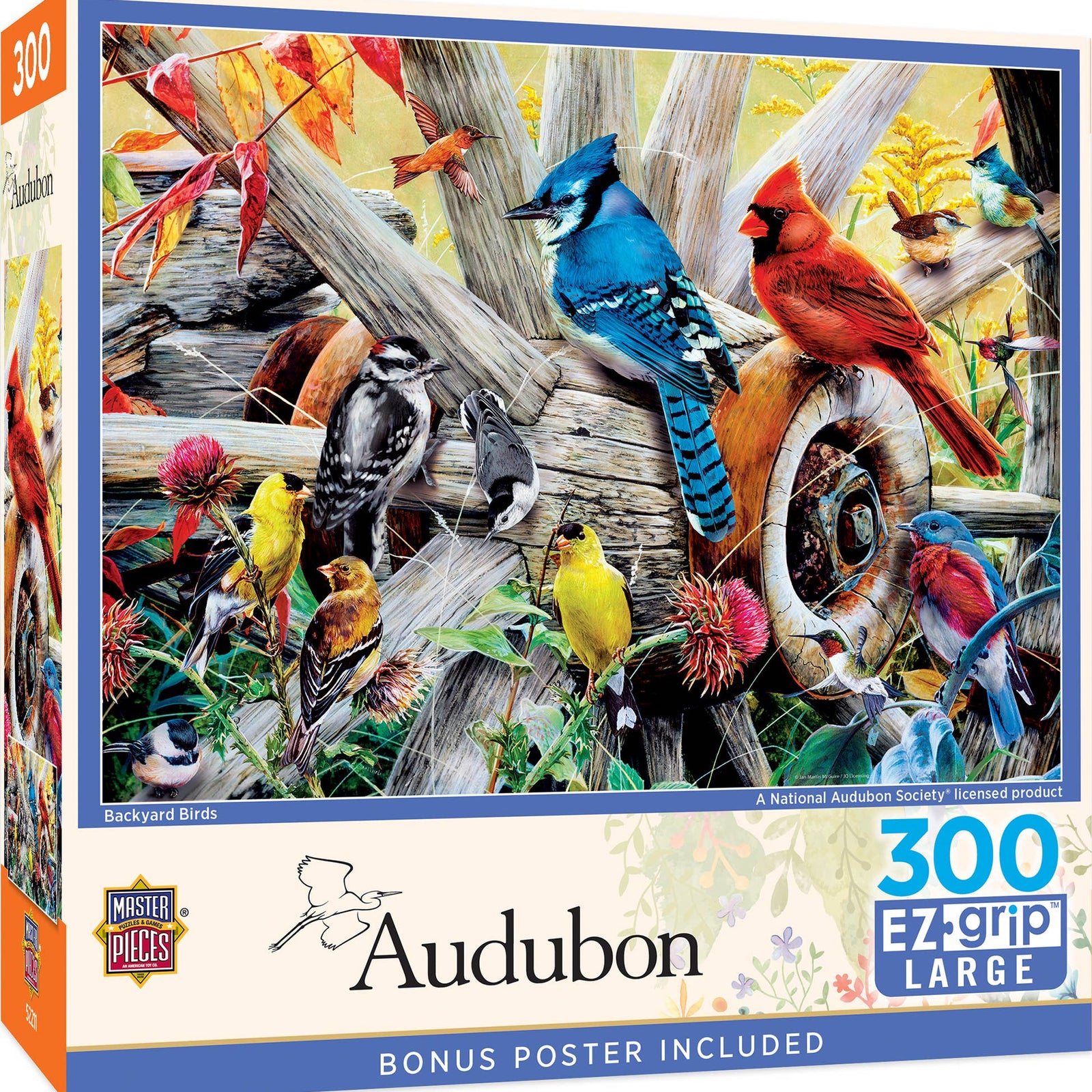 Audubon bird puzzle box with colorful birds on a branch
