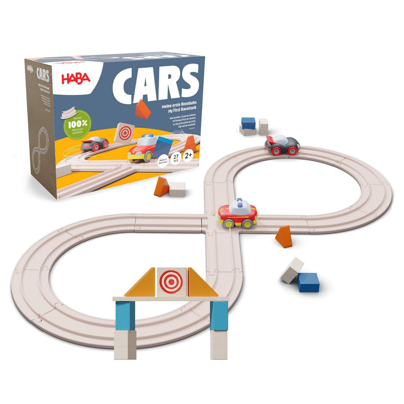 HABA toy packaging for a wooden race track set on a white background