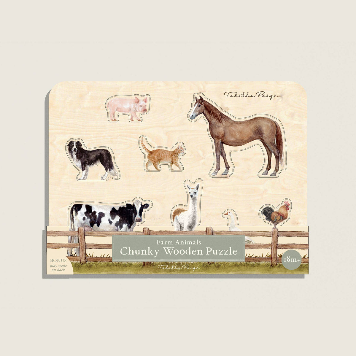 Farm animals wooden puzzle packaging with illustrations of animals on a beige background