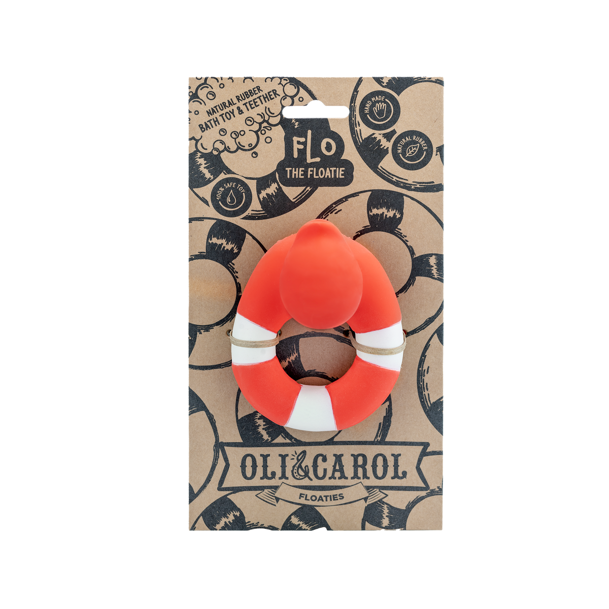 Red and white floatie toy on Oli & Carol packaging with a white background