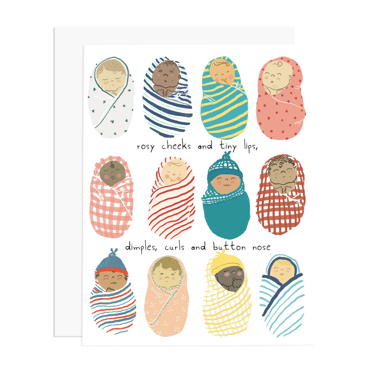 Illustrations of swaddled babies in various colors and patterns on a white background.