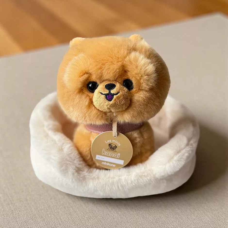 Plush toy puppy in a white bed on a beige surface