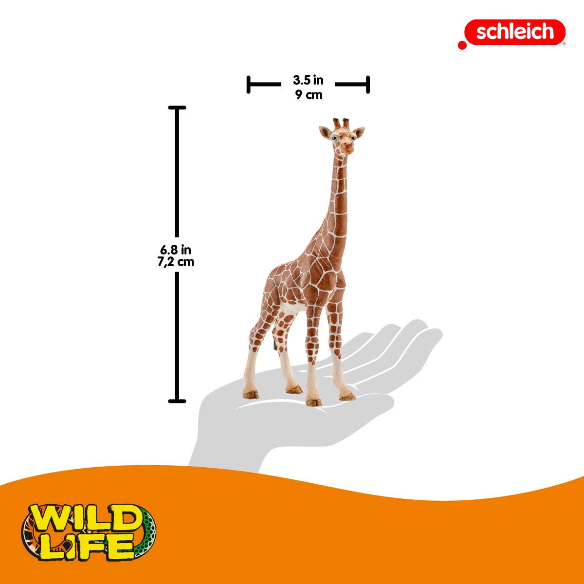 Schleich giraffe figurine with dimensions on a white background