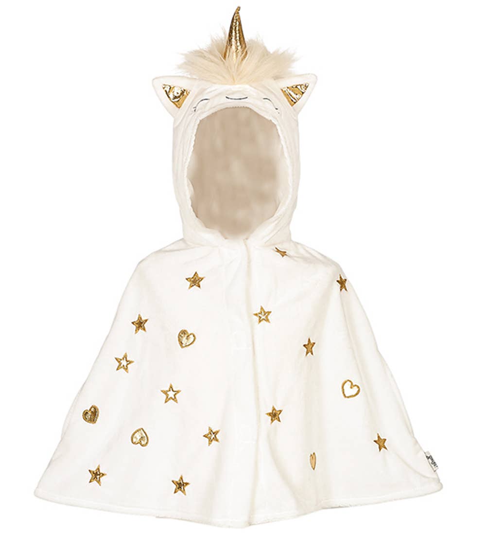 White hooded unicorn cloak with gold stars and heart patterns on a white background