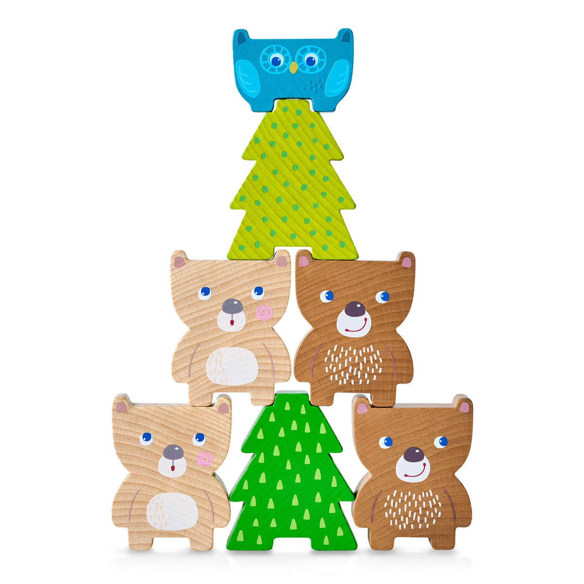 Wooden toy set with bears and an owl on a white background