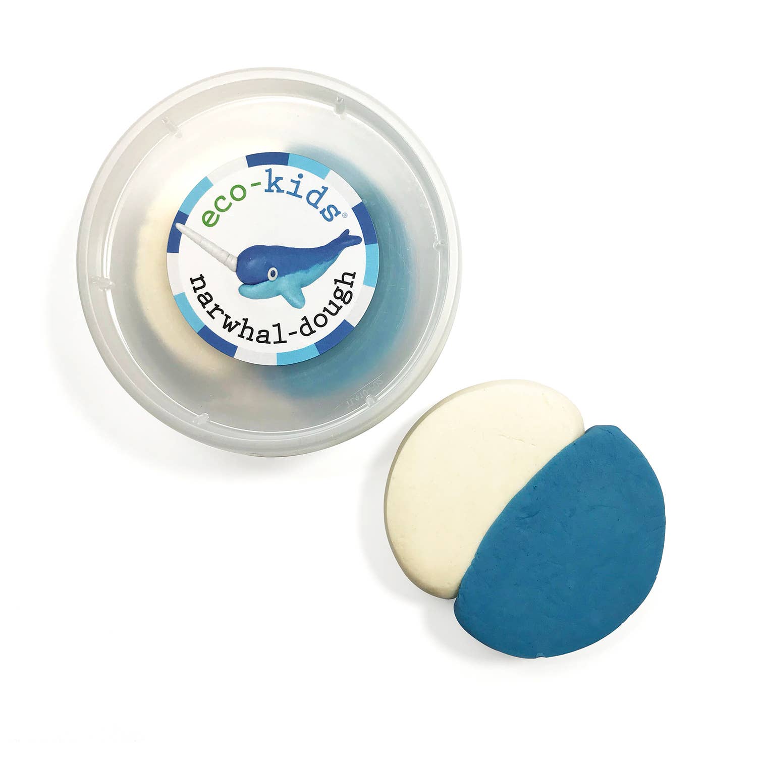 Container of eco-kids narwhal-dough with a sample of blue and white dough on a white background