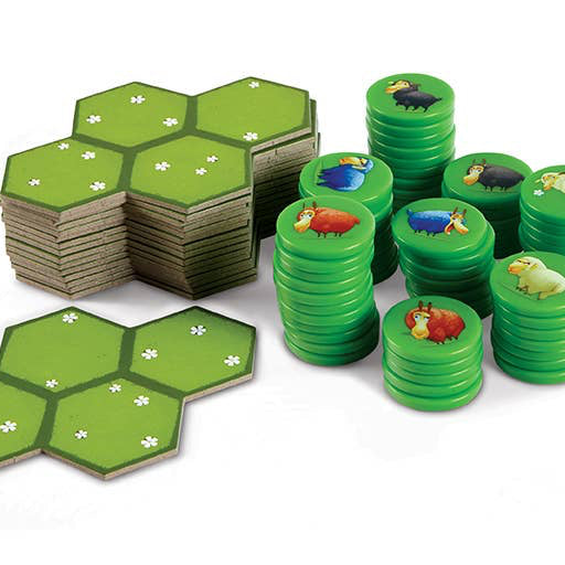 A set of green hexagonal game tiles and matching green circular tokens with animal illustrations, arranged on a white background.