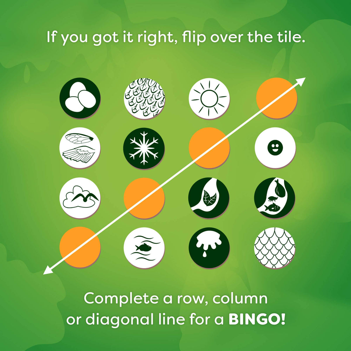 Board game with icons on a green background, instructions for completing a row or column for a BINGO.