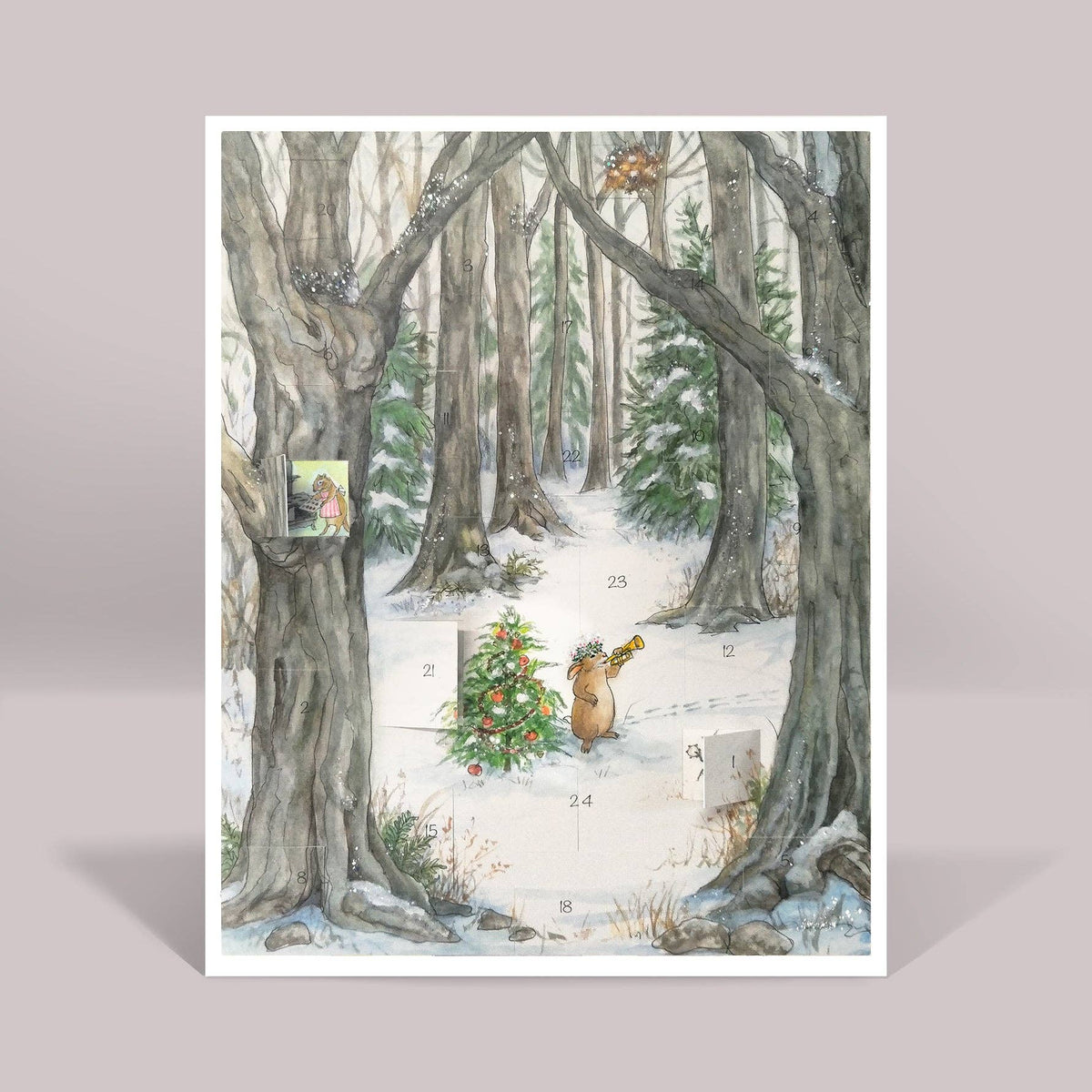 Illustration of a snowy forest scene with a bear and Christmas tree, on a light gray background.