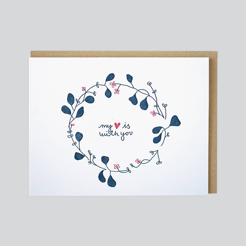 Greeting card with floral design and 'my love is with you' text on a white background