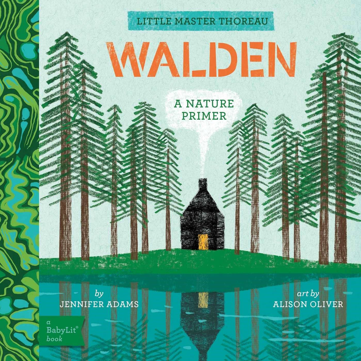 Book cover of 'Walden: A Nature Primer' with trees and cabin design.