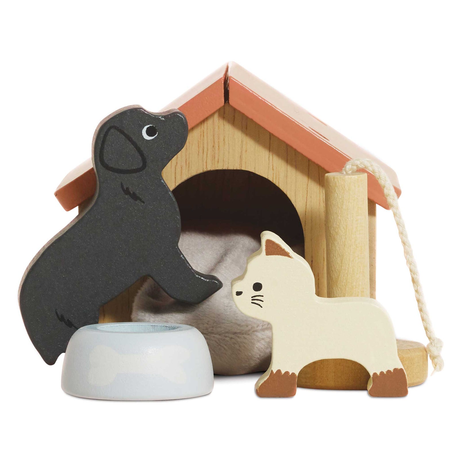 Wooden toy set with a dog, cat, and doghouse on a white background