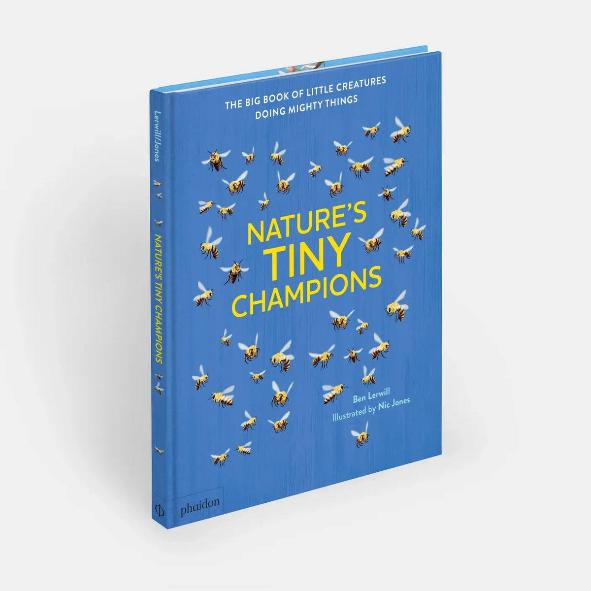 Book titled 'Nature's Tiny Champions' with bee illustrations on a blue background