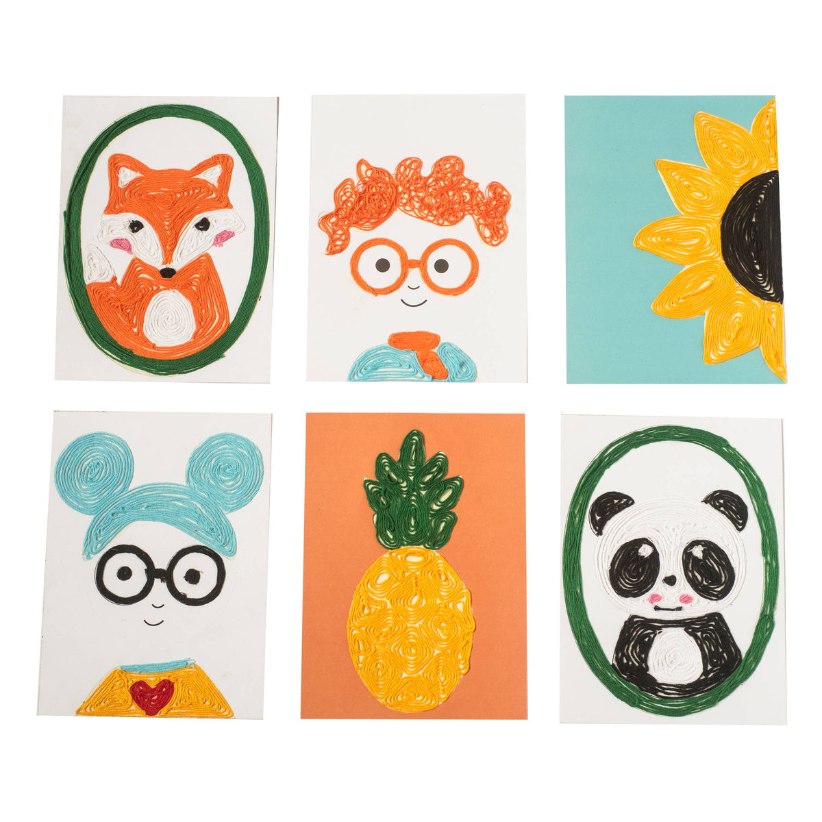 Set of six small cards with animal and object illustrations on a white background