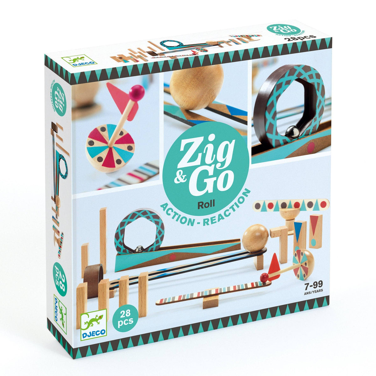 Box of Zig & Go wooden toy set with colorful elements on a white background