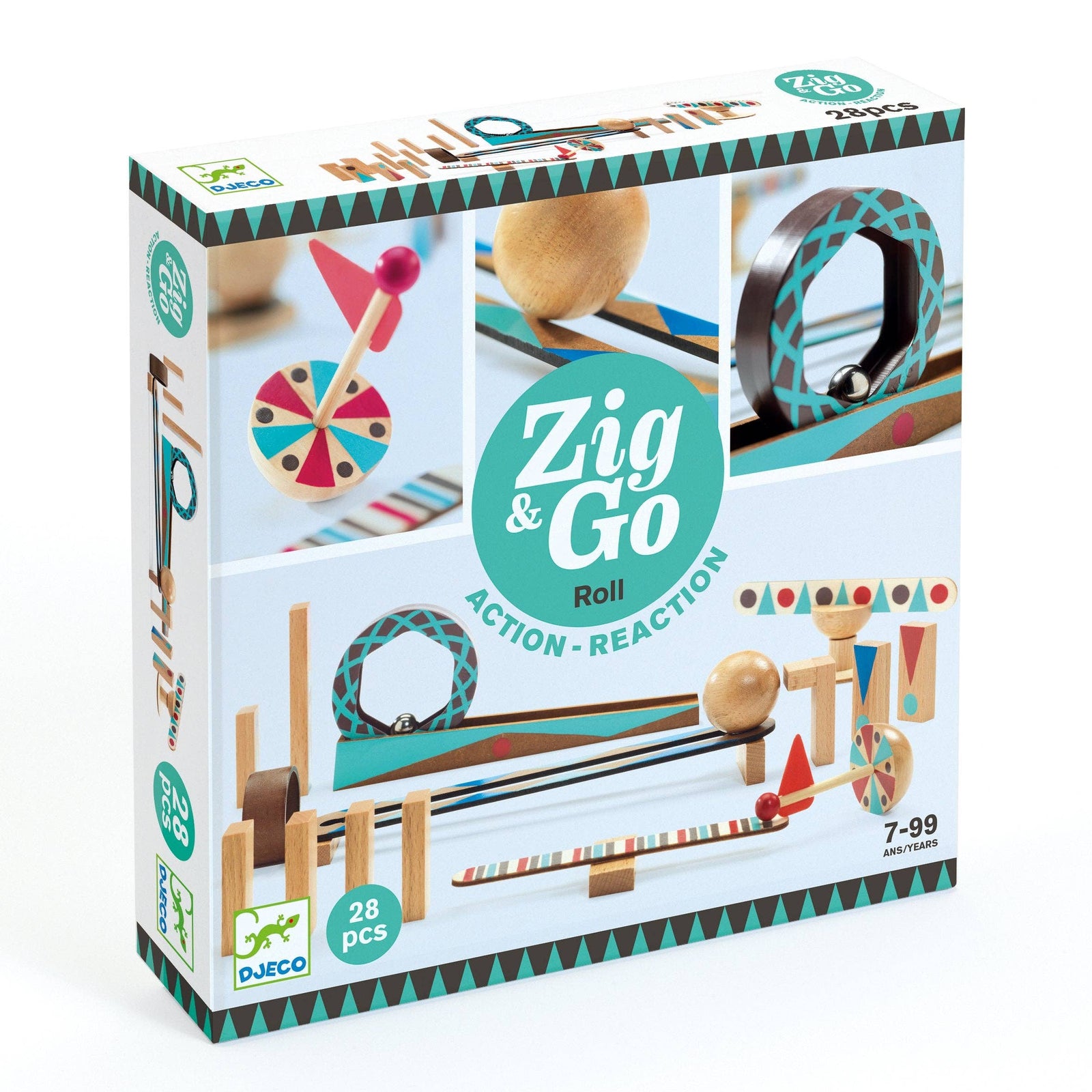 Box of Zig & Go wooden toy set with colorful elements on a white background