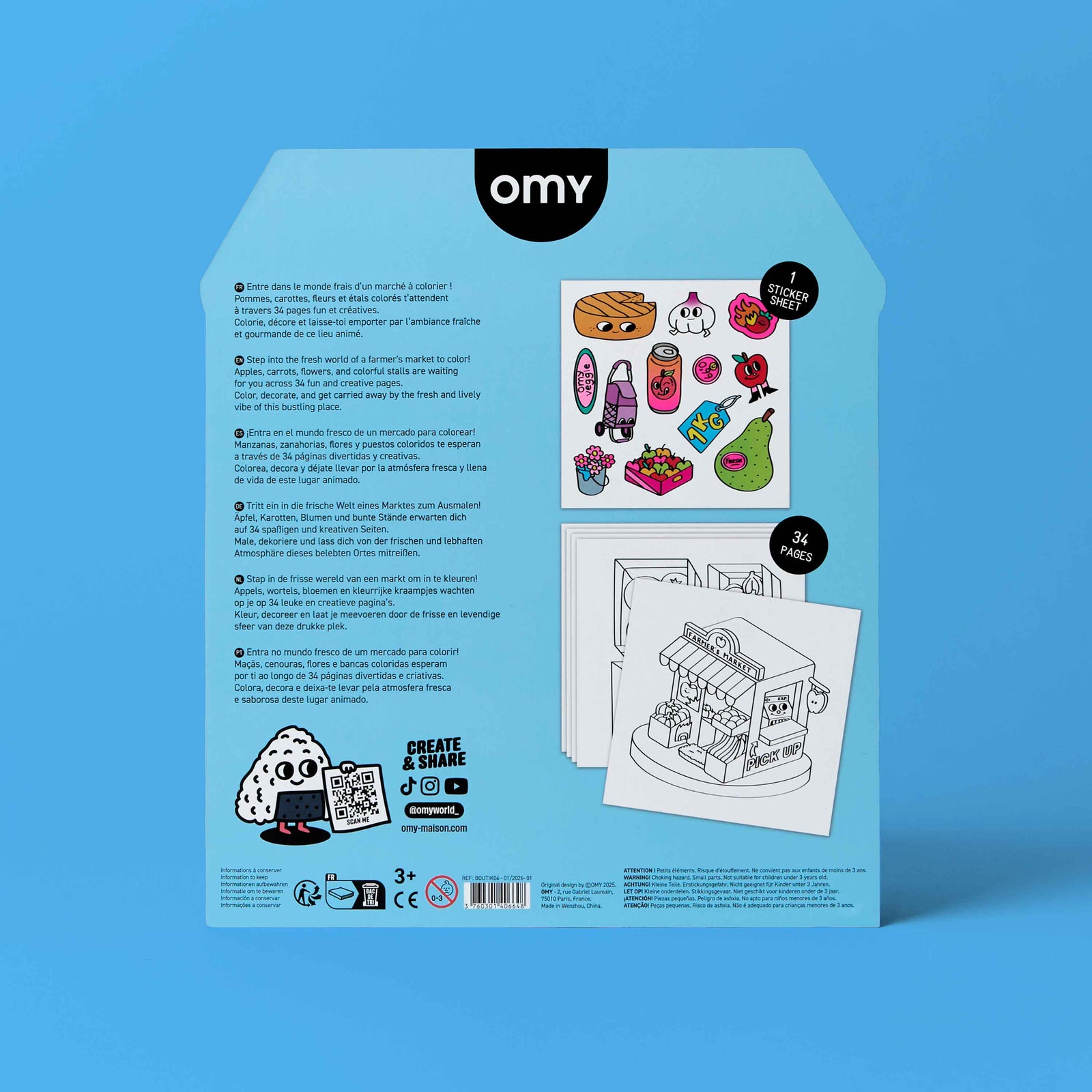 Colorful toy packaging resembling a farmers market on a blue background