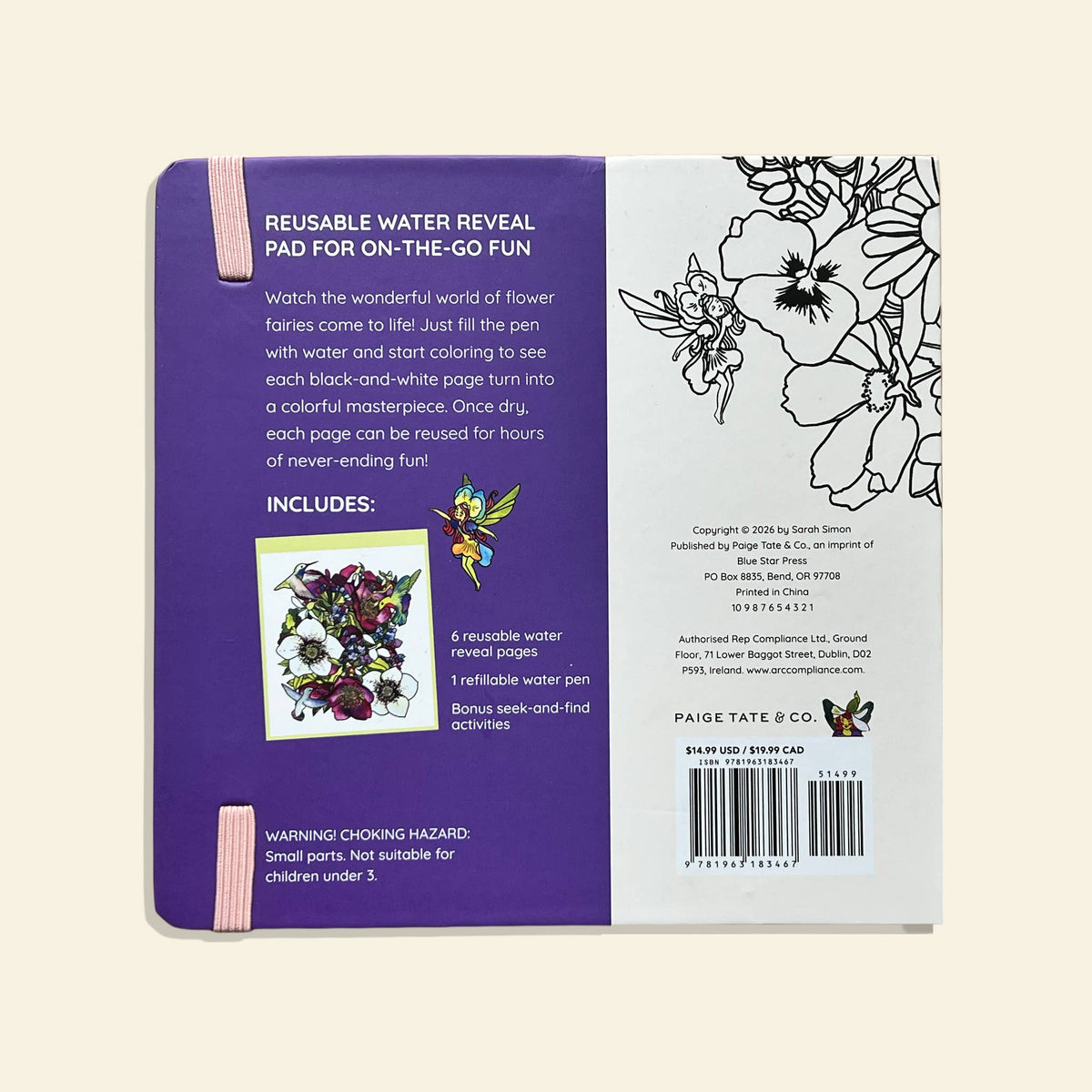 Back cover of a reusable water reveal pad with floral illustrations and text.
