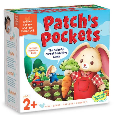 Box of 'Patch's Pockets' children's game featuring a bunny and carrots.