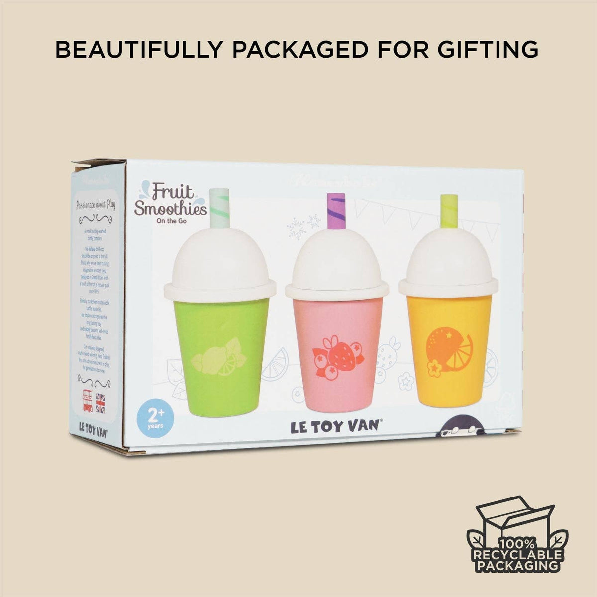 Packaged set of toy smoothie cups with 'Le Toy Van' branding on a beige background.