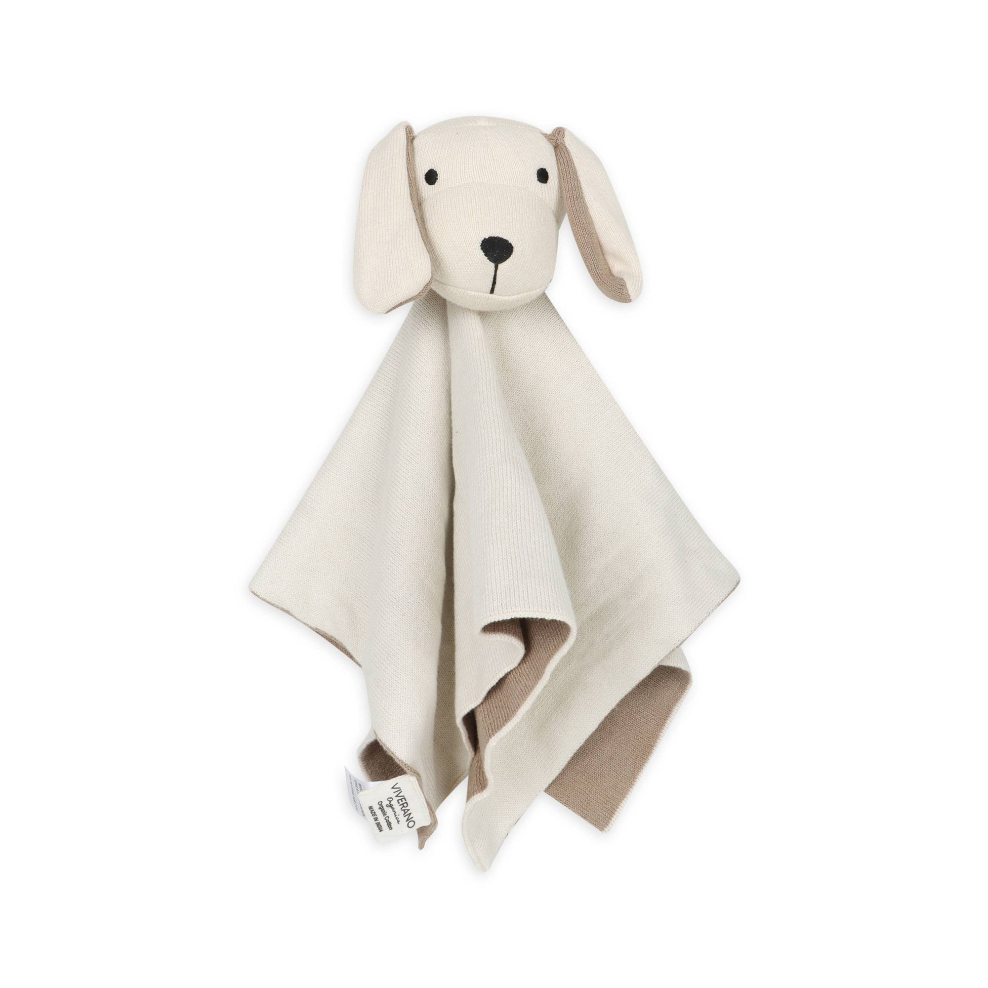 White dog-shaped comfort blanket with a brown interior on a white background